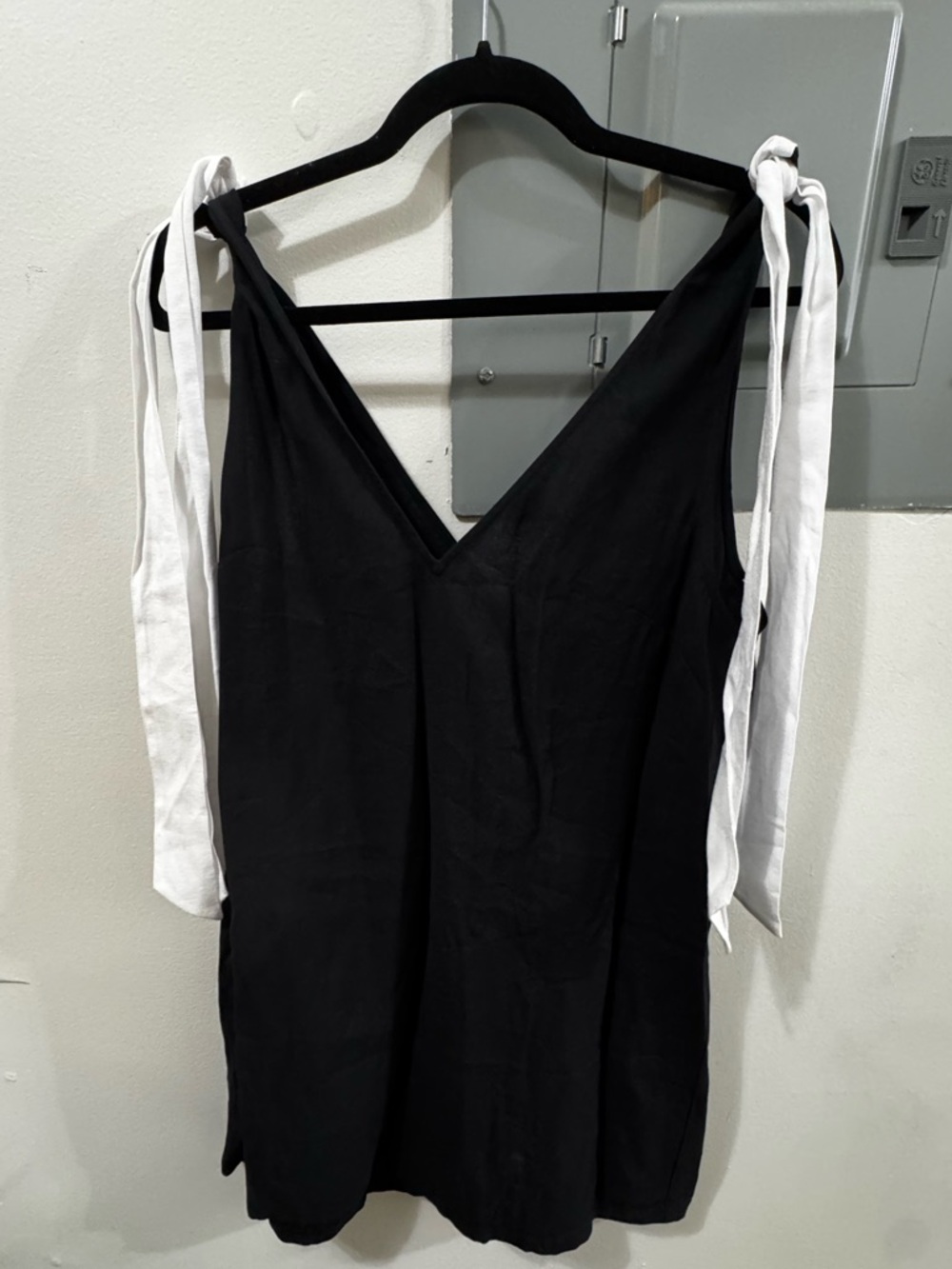 H&M Black Mini Dress with White Tie-Strap Shoulders